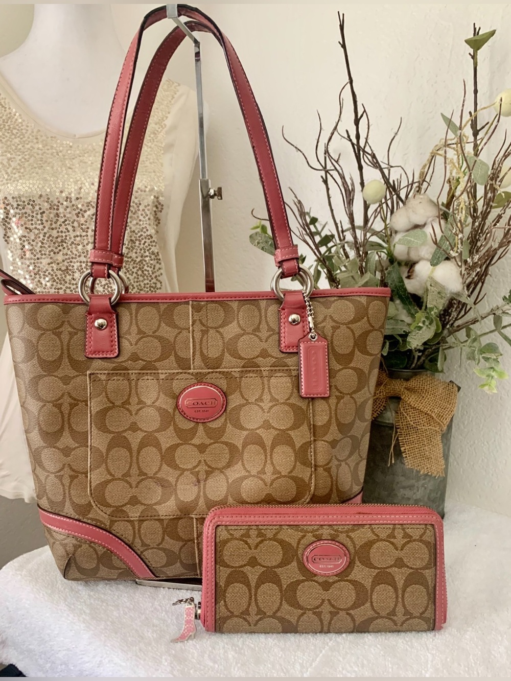 Coach Peyton Heritage Tote Shoulder Bag Brawn /Tan & Pink Trim